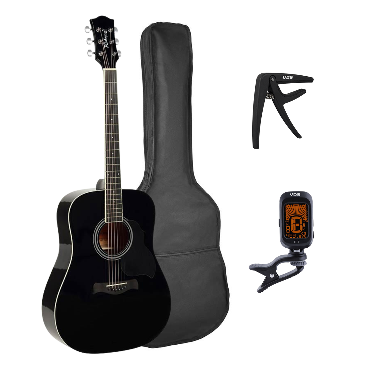 Richwood RD-12-BK Artist Series Dreadnought Akoestische Gitaarset Zwart met Capo, Stemapparaat en Tas