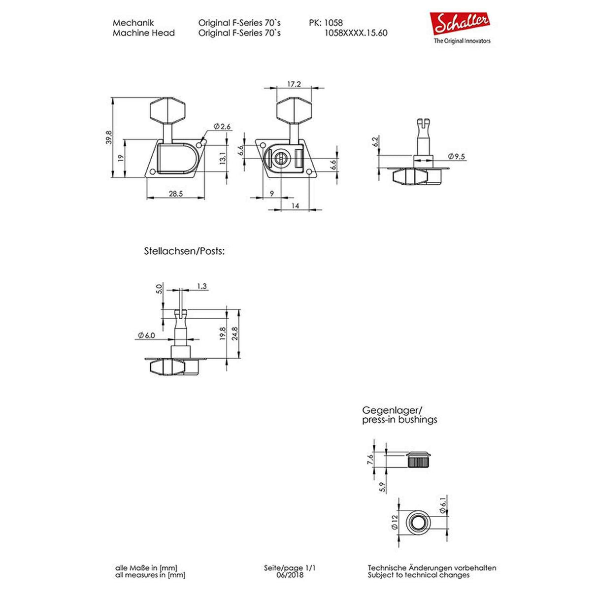 Schaller 105802201560 Stemmechanieken 70's 6L met small metal pegs, splitted solid shaft, chroom
