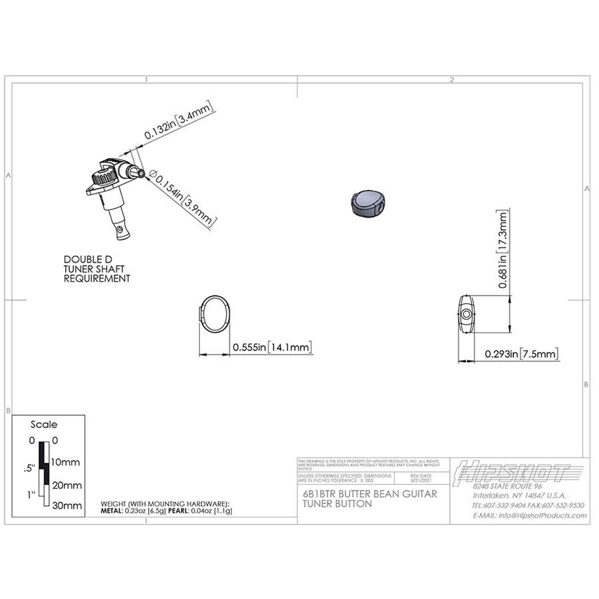 Hipshot HS6B1BTRC Butter Bean Stemknop voor Gitaarmechaniek Chrome, per stuk
