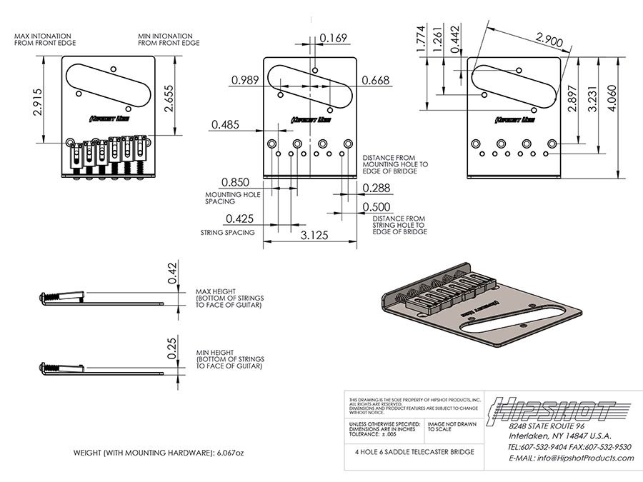 Hipshot HS4410046SS Telecaster Retrofit Brug – 6 Zadels RVS