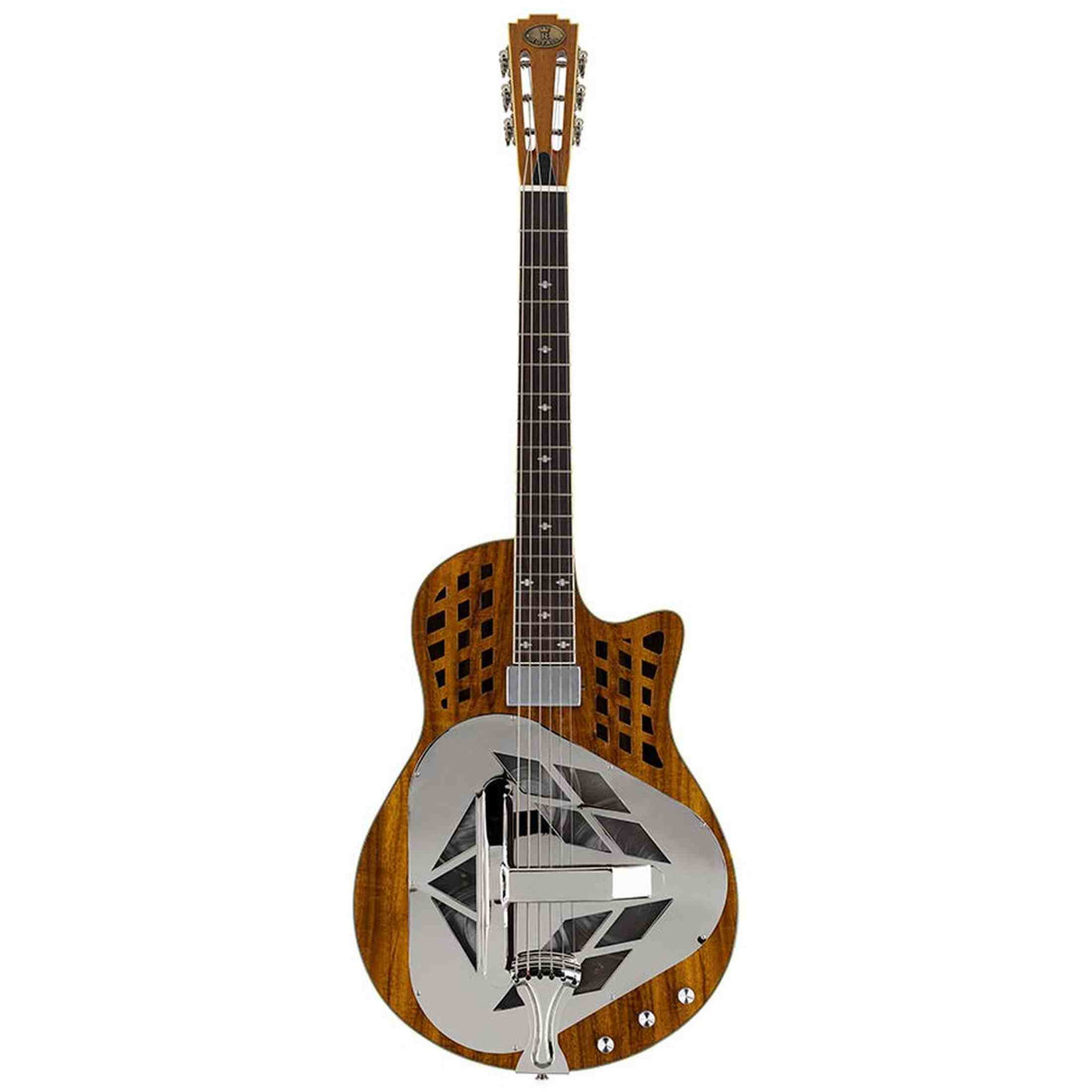 Royall KOA12DS Tricone Resonator 12-Fret – Hawaïaans Koa, Cutaway, Humbucker + Undersaddle Pickup, Softcase