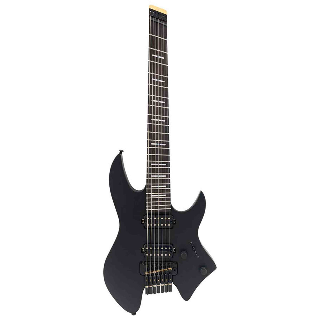 Sire X6H7/BKS elektrische gitaar – 7-snarig headless model, mahonie met maple top, Black Satin, HH-configuratie, stainless frets, met gigbag