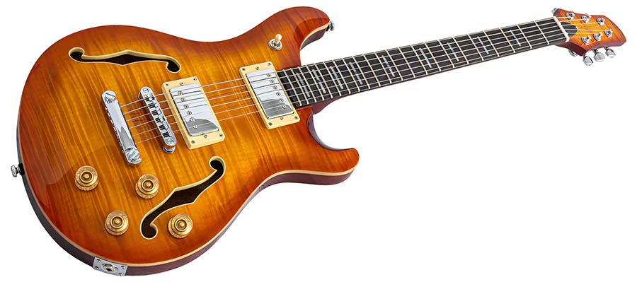 Sire Q7H/AB Larry Carlton Hollow Elektrische Gitaar Amber Burst met Chambered Mahonie Body en Locking Tuners