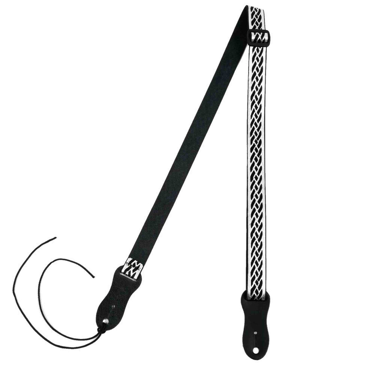 Flight S47 Schwarzer silberner Ukulelengurt aus veganem Nubukleder mit Flechtmuster und Kopfplattenbefestigung