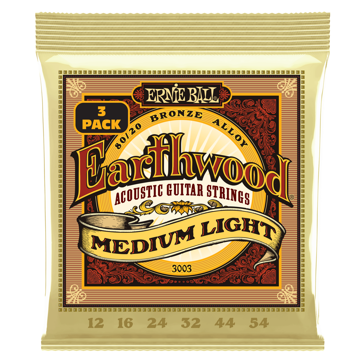 Ernie Ball 3003 Akoestische Gitaarsnaren 80/20 Brons Medium Light 12–54 3-Pack