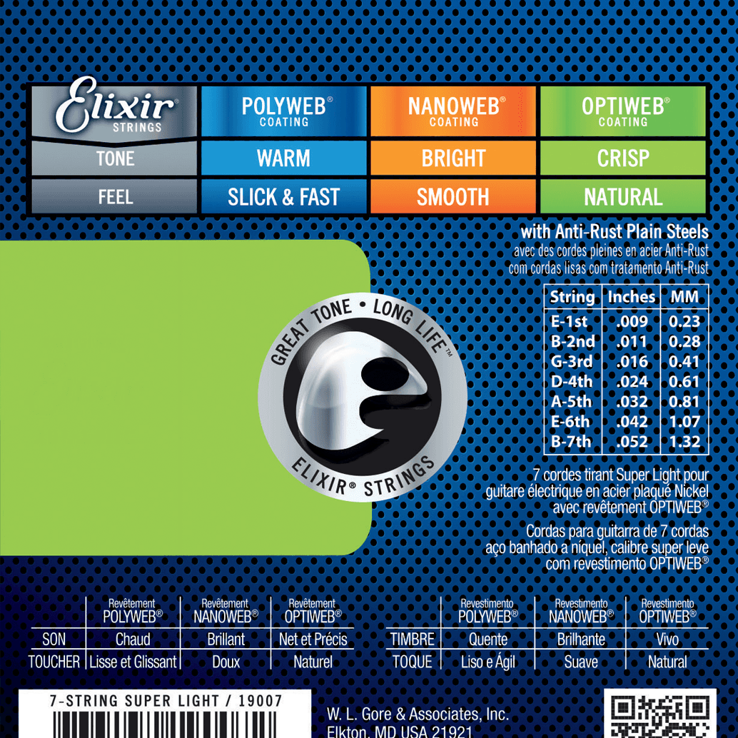 Elixir 19007 Optiweb elektrische gitaarsnaren Super Light 7-String 009-052