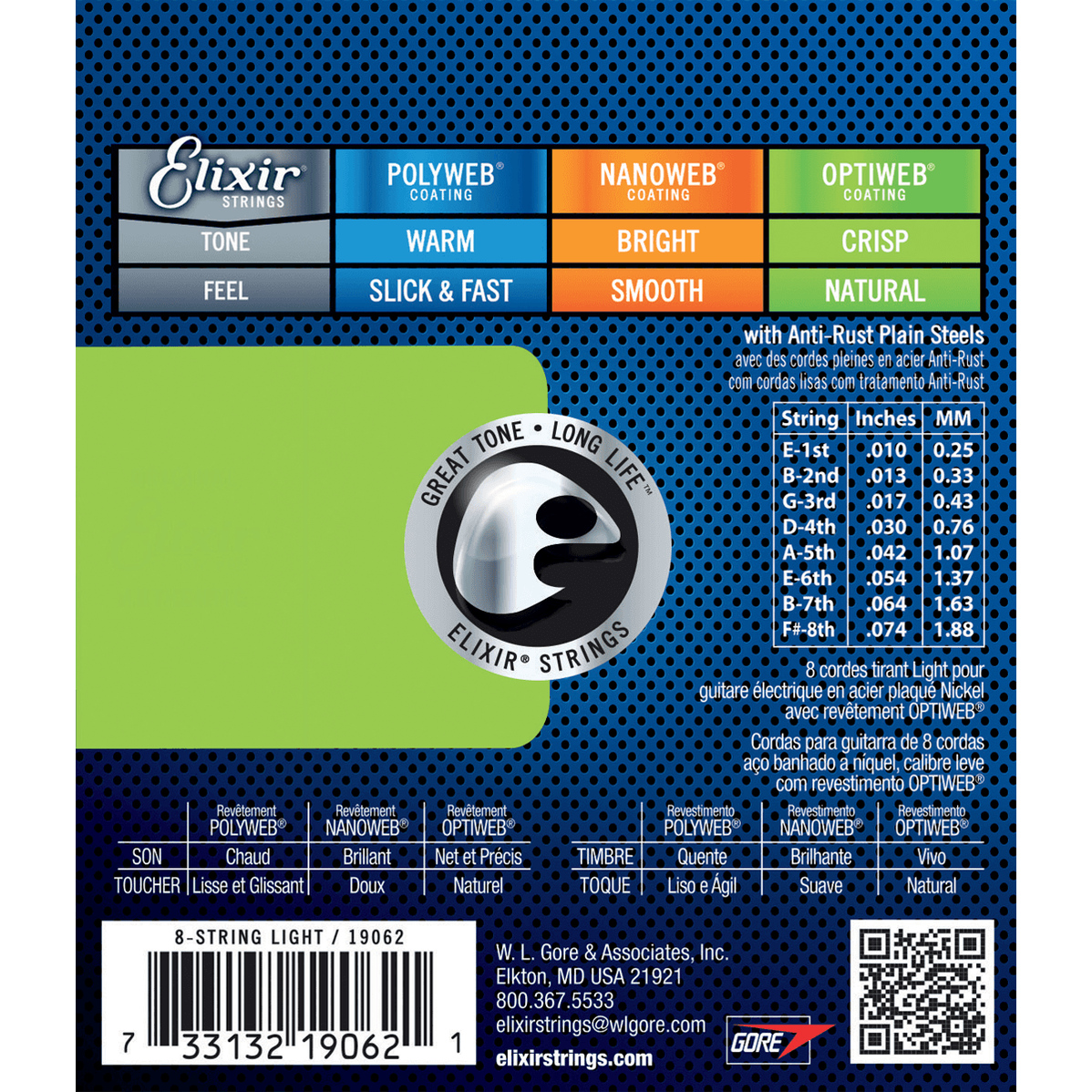 Elixir 19062 Optiweb elektrische gitaarsnaren Light 8-String 010-074