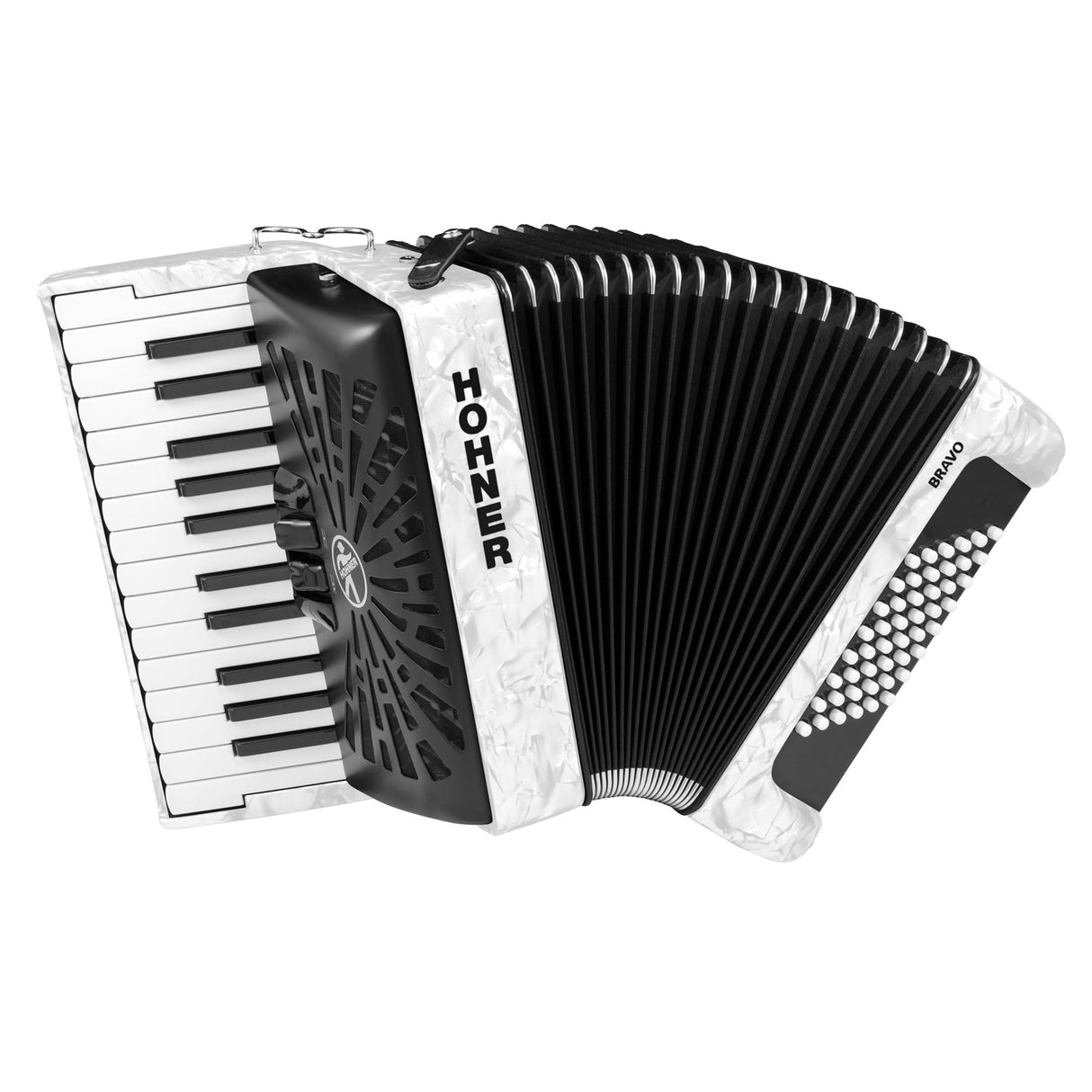 HOHNER A16512 Bravo II 48 Accordeon Wit – 26 toetsen, 48 bassen, Silent Key, met gigbag en draagriem