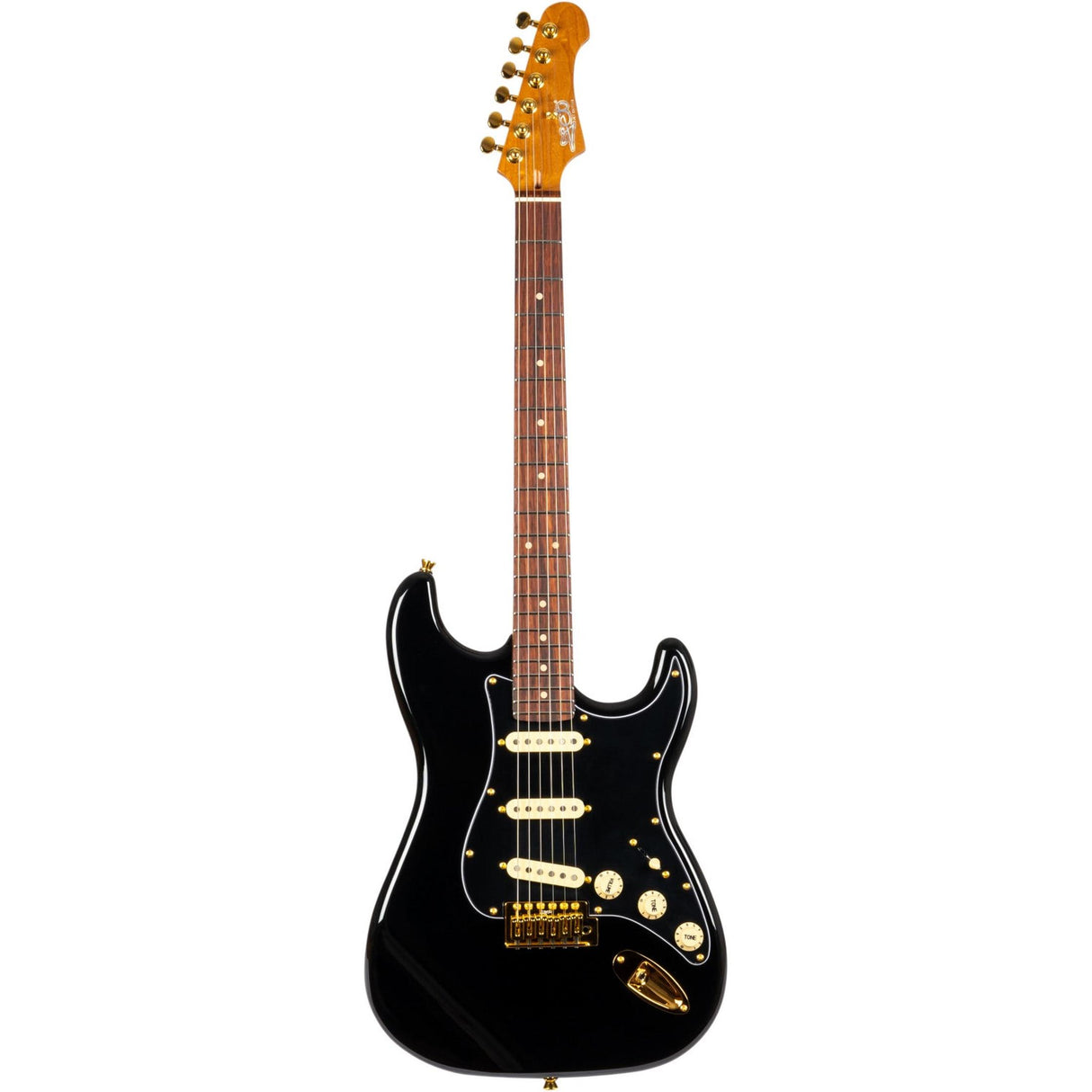 JET JS-380 BK G S-style Elektrische Gitaar SSS Alnico V Tremolo Goud Hardware Rosewood Toets Zwart
