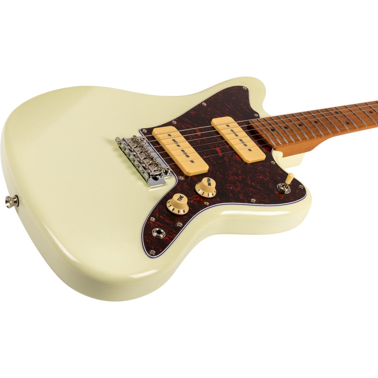 JET JJ-300 P90 OW Offset Elektrische Gitaar Dual P90 Tremolo Roasted Maple Wit