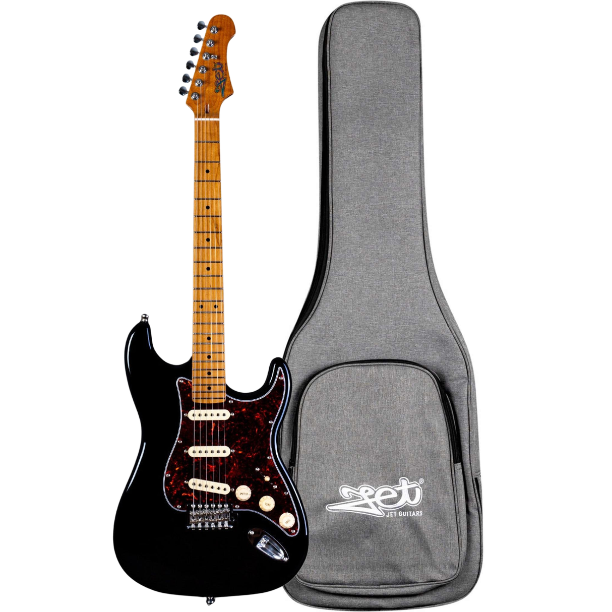 Jet JS-300 BK Elektrische Gitaar Black met Jet JG-30 GY Gigbag Set, Roasted Maple Hals, SSS Pickups, Tremolo