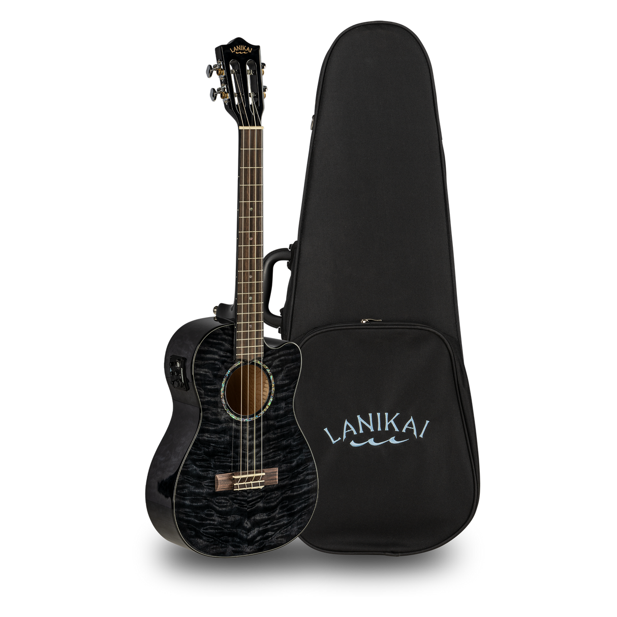 LANIKAI LKUQMBKCEB Baritonukulele, Quilted Maple Series, zwart, Cutaway, Preamp,