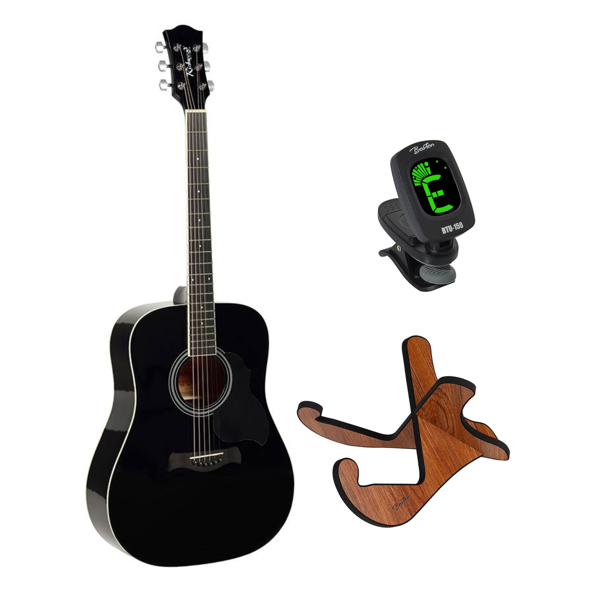 Richwood RD-12-BK akoestische gitaarset – dreadnought, zwart, met stemapparaat en standaard