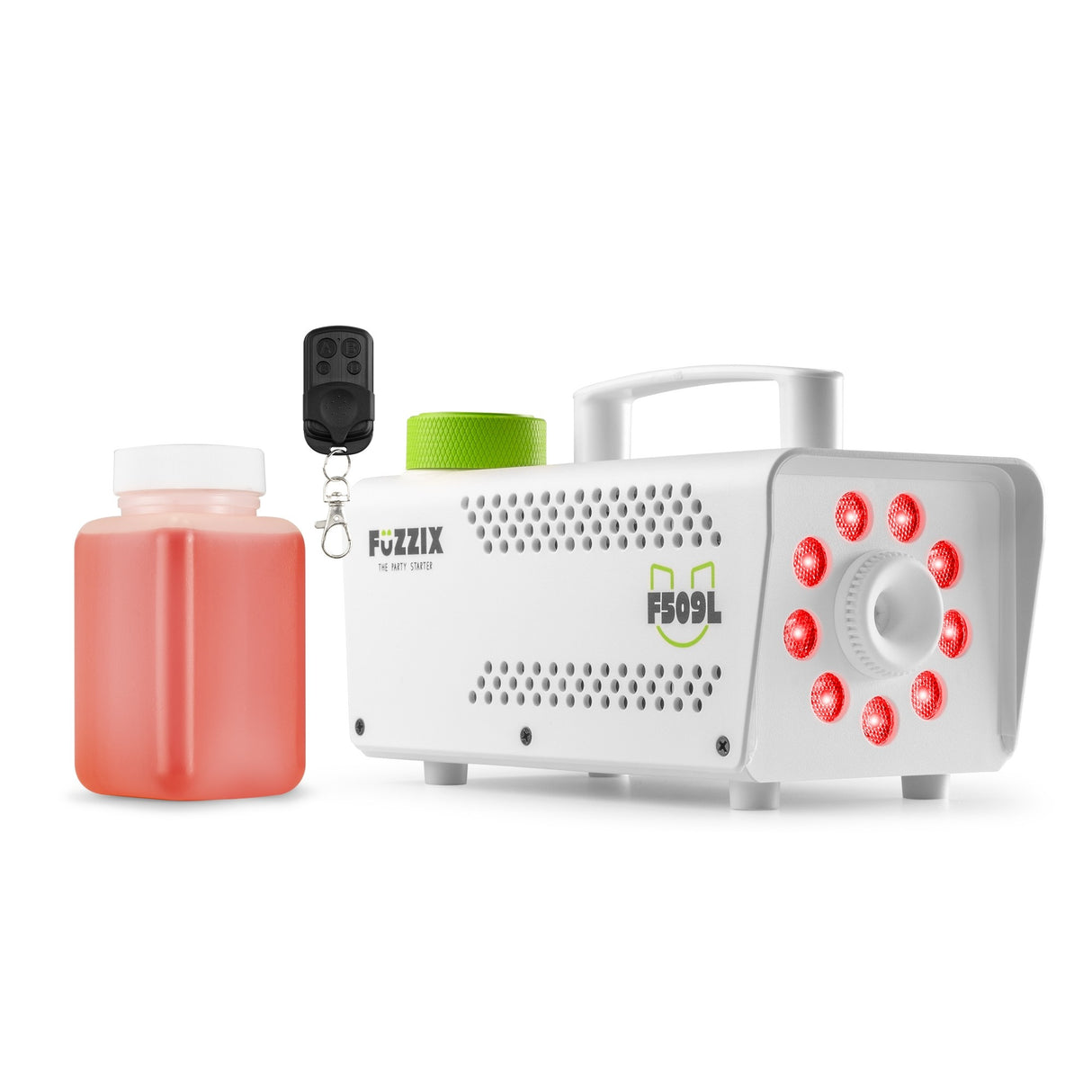 Fuzzix F509LW Party Rookmachine – 500W White Edition met 9x RGB LED’s en Draadloze Afstandsbediening