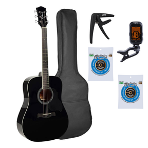 Richwood RD-12-BK Artist Series Dreadnought Akoestische Gitaarset Zwart met Capo, Stemapparaat, Gigbag en 2 Sets Martin Snaren