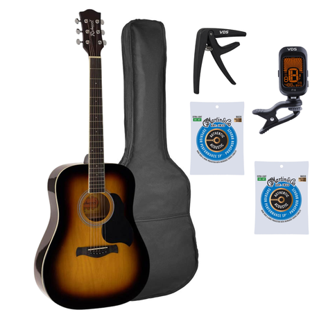 Richwood RD-12-SB Artist Series Dreadnought Akoestische Gitaarset Sunburst met Capo, Stemapparaat, Gigbag en 2 Sets Martin Snaren