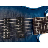Sire M7+ A6/TBL Marcus Miller 6-snarige basgitaar, swamp ash met flame maple top, 35 inch, Heritage-3 preamp, Transparent Blue