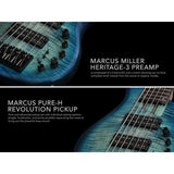 Sire M7+ A6/TBL Marcus Miller 6-snarige basgitaar, swamp ash met flame maple top, 35 inch, Heritage-3 preamp, Transparent Blue