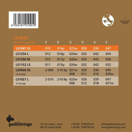 Galli LS1047 snaren set acoustic phosphor bronze wound, extra light, 010-014-023-030-039-047