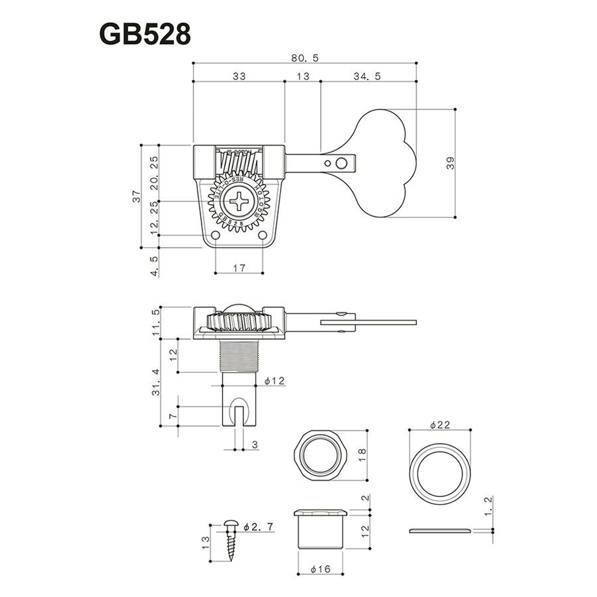 Gotoh GB-528/4L machine heads for bass guitar, 4x left, 1:26 ratio, lightweight resolite, nickel