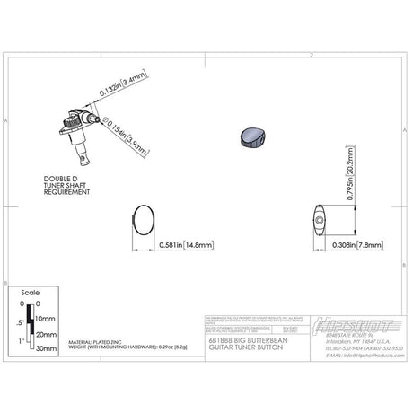 Hipshot HS6B1BBBN Big Butter Bean Stemknop voor Gitaarmechaniek Nickel, per stuk