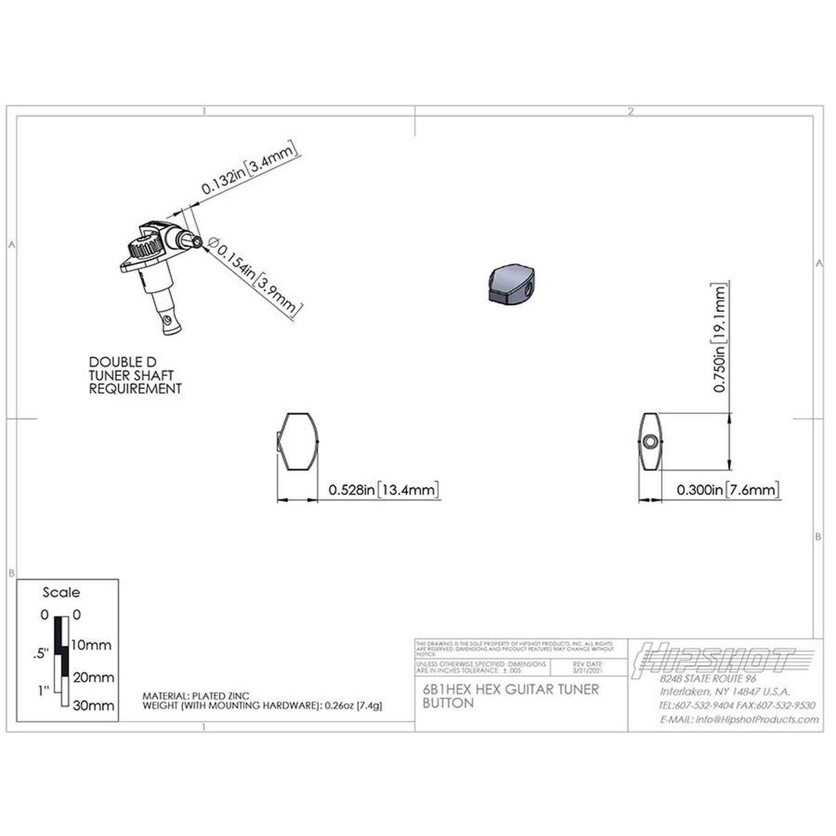 Hipshot HS6B1HEXG Hex Stemknop voor Gitaarmechaniek Gold, per stuk