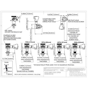 Hipshot HS6K1GL0SST guitar tuner upgrade kit, 6 inline Grip-Lock, open satin staggered