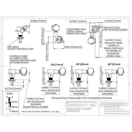 Hipshot HS6K1EN0G Gitaar tuner upgrade kit, 6 inline classic, 10mm post hole, closed goud