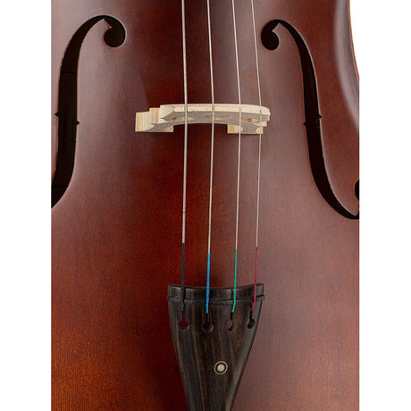 Leonardo LC-1314 cello 1/4, gelamineerd met gevlamde achterkant en zijkanten, ebbenhouten beslag, tas en strijkstok
