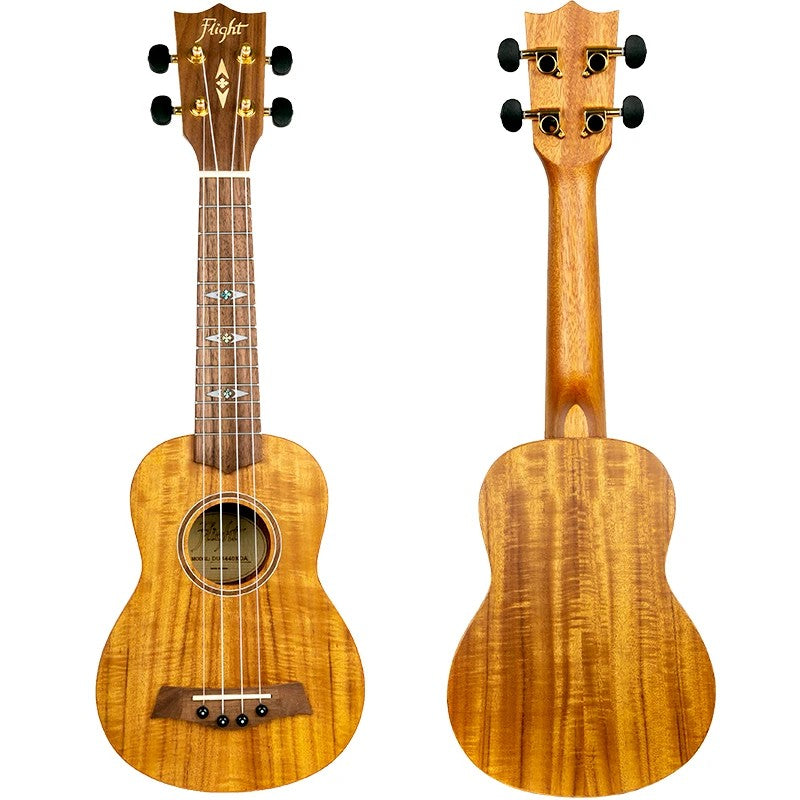 Flight DUS440 Acacia Soprano Ukulele met Acacia Body, Bone Topkam en Aquila Super Nylgut Snaren
