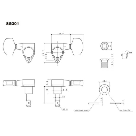 Gotoh GTH13454 SG301 stemmechanieken met Magnum Lock Trad and 04 knoppen, 3L3R, zwart