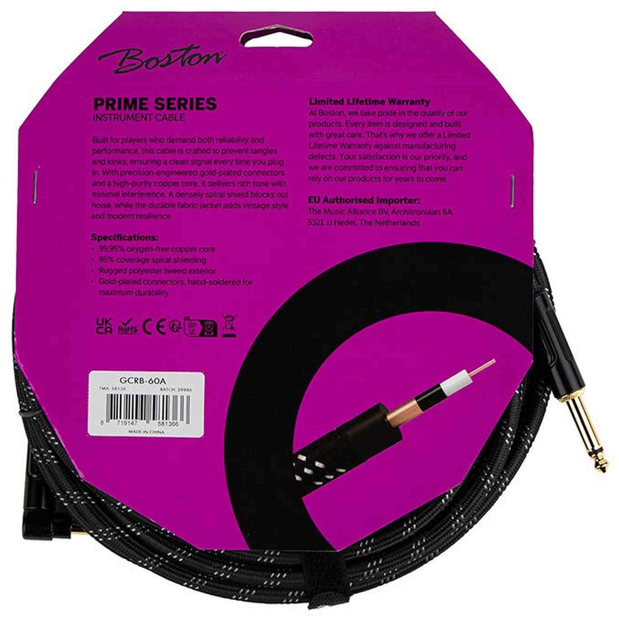 Boston GCRB-60A Prime Series woven jacket instrumentkabel jack–haakse jack 6 meter black tweed