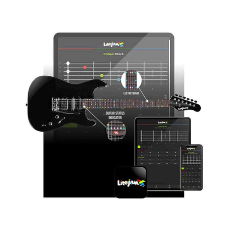 Litejam RGB24/WH elektrische gitaar – 24 frets, 144 RGB LED’s, HSH-configuratie, met gigbag, wit