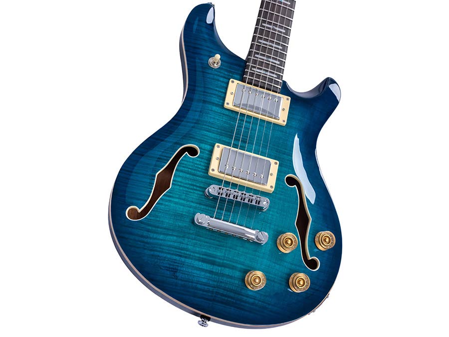 Sire Q7H/TBL Larry Carlton Hollow Elektrische Gitaar Transparent Blue met Chambered Mahonie Body en Locking Tuners
