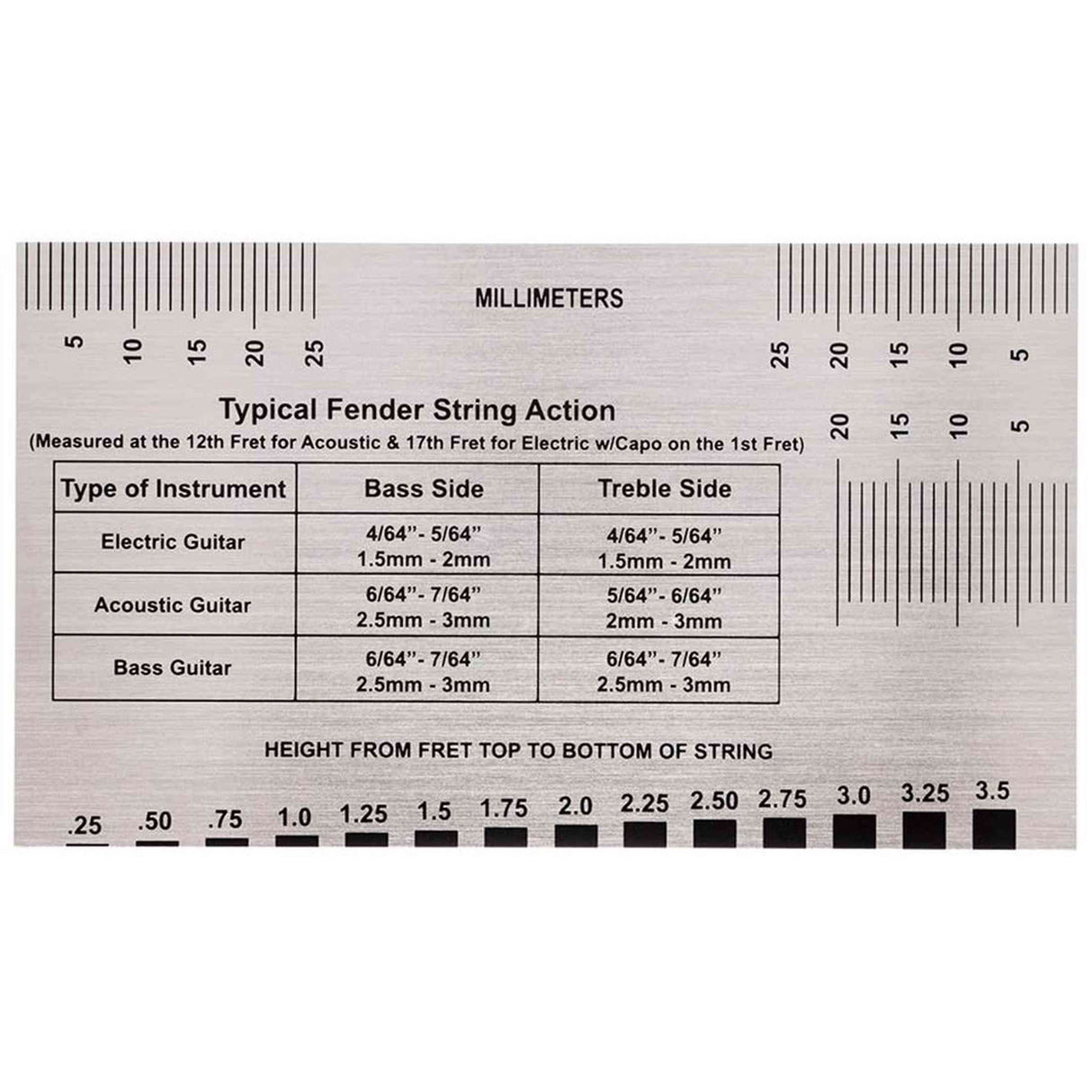 Fender 0990654050 String Action Gauge RVS Inch en mm Meetgereedschap