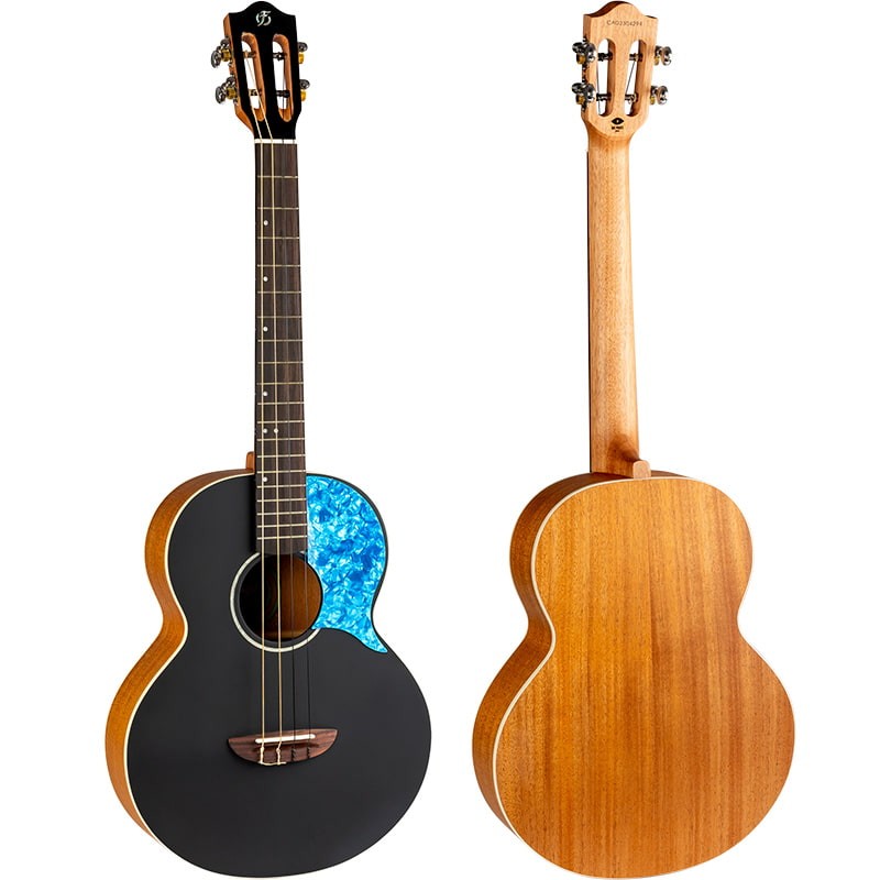 Flight Iris Baritone BK Ukulele met Solid Spruce Top, Mahogany Body en Zwarte Afwerking