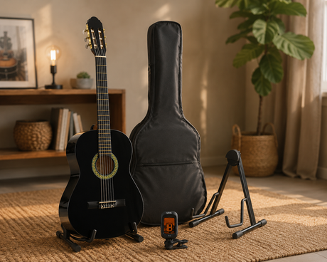 A. Martinez MTC-080/B 4/4 klassieke gitaar zwart met standaard, tas en tuner