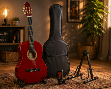 A. Martinez MTC-080/R 4/4 klassieke gitaar dark red met standaard, tas en tuner