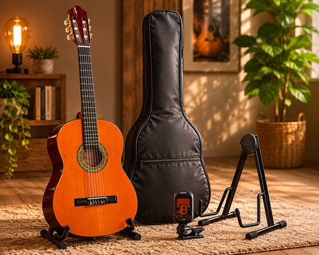 A. Martinez MTC-080 4/4 klassieke gitaar bruin naturel met standaard, tas en tuner