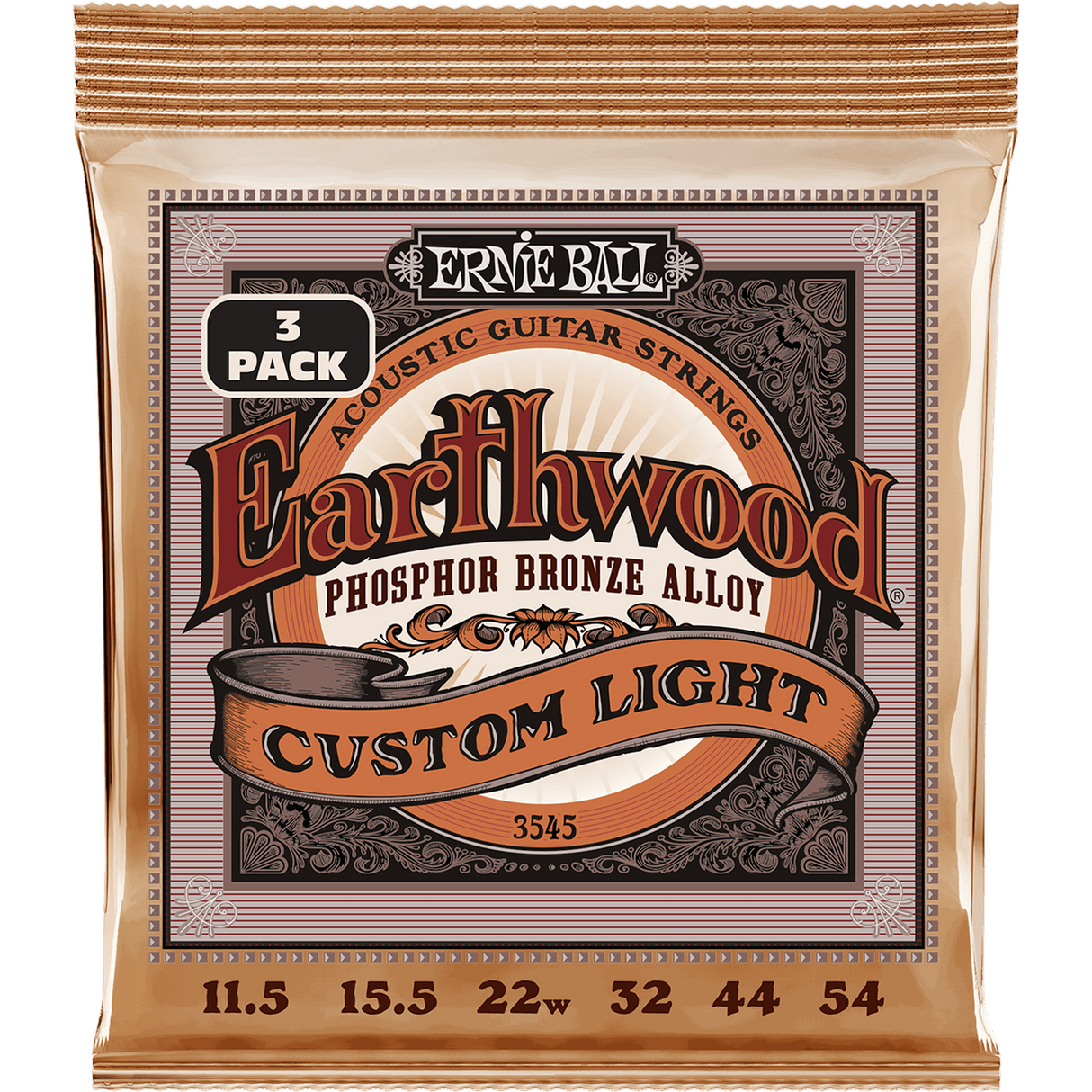 Ernie Ball 3545 Earthwood Fosforbrons Akoestische Gitaarsnaren Custom Light 11.5–54 3-Pack