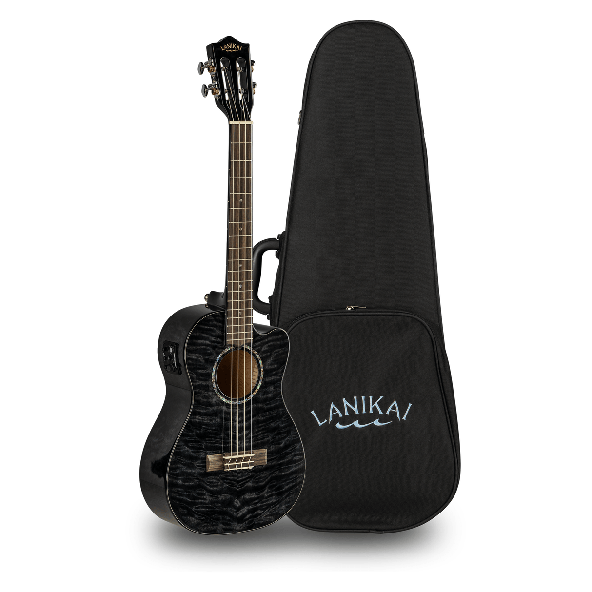 LANIKAI LKUQMBKCEB Baritonukulele, Quilted Maple Series, zwart, Cutaway, Preamp,