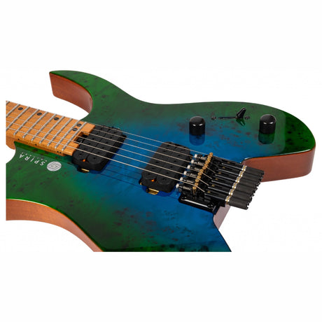 Spira S-500 Headless S-Style Elektrische Gitaar HH Villain Humbuckers Mahonie Poplar Burl Top Trans Aqua Blue
